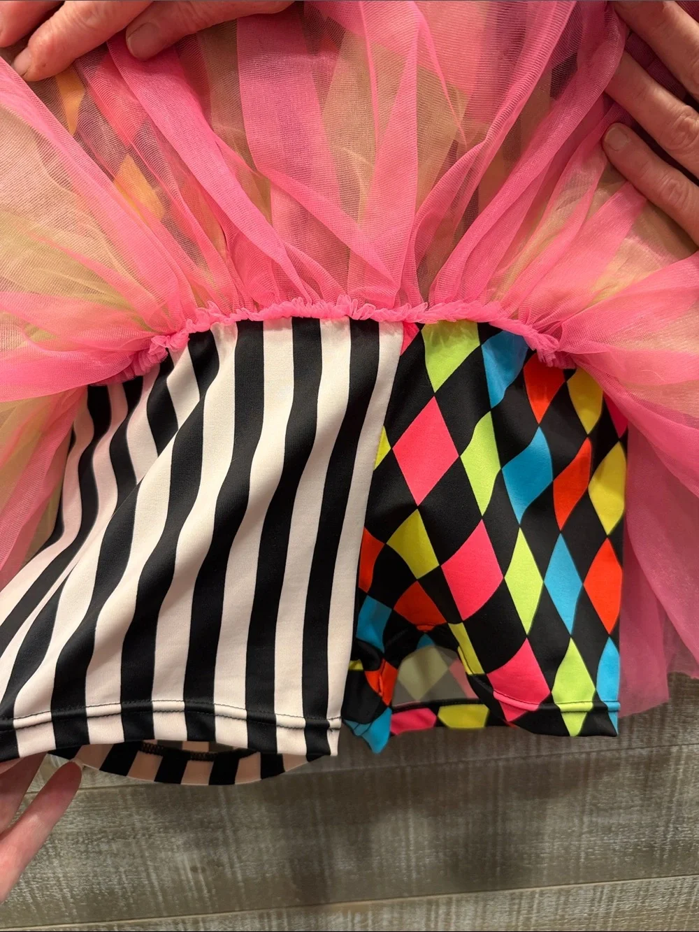 Weissman’s child M dance/skating Neon Harlequin Clown Costume Dress with Pom Pom